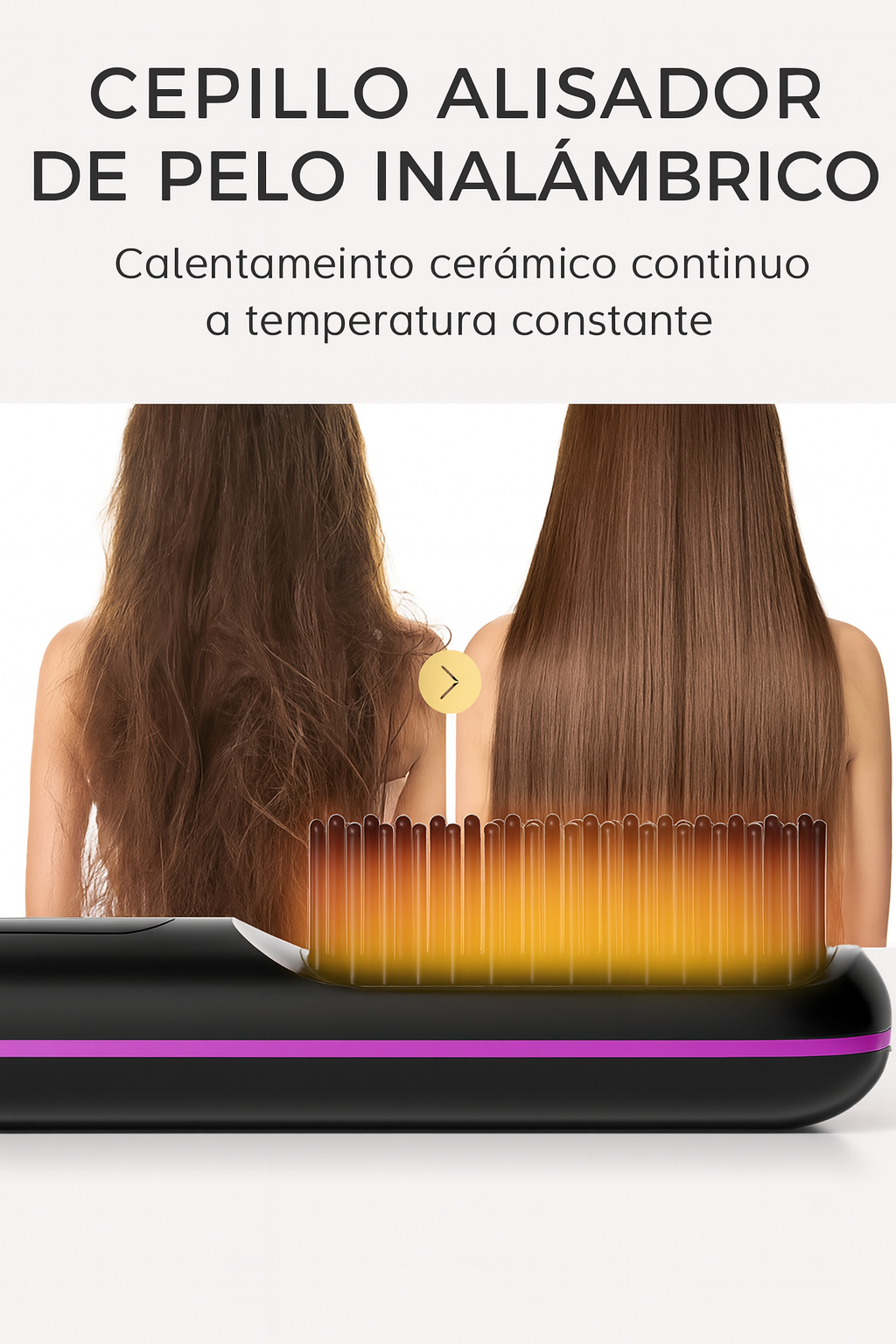 Cepillo alisador de pelo inalámbrico perfecto para llevartelo a cualquier sitio facilmente.